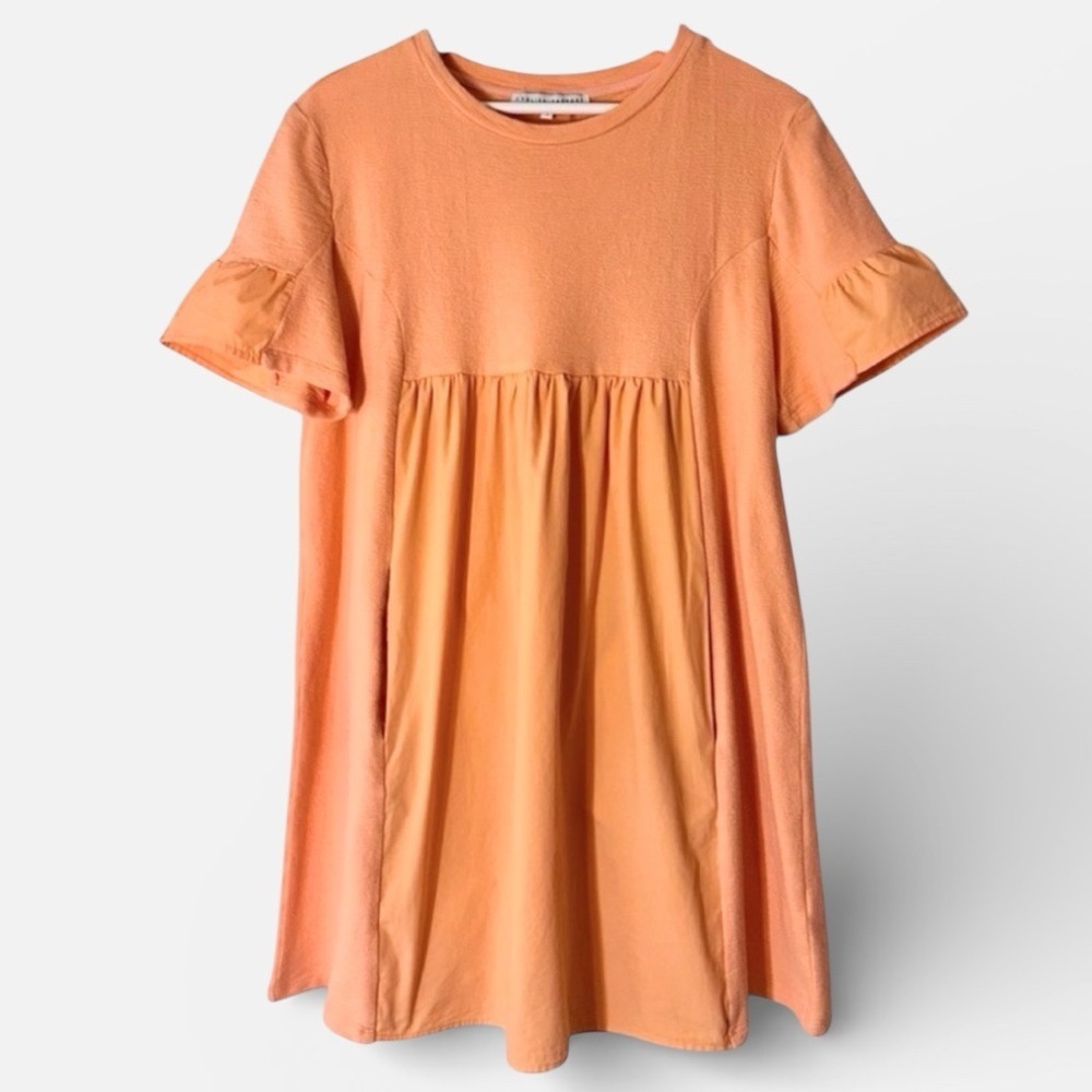 English Factory Solid Mini Dress Orange Coral Ruffle Sleeve Dress Pockets Large